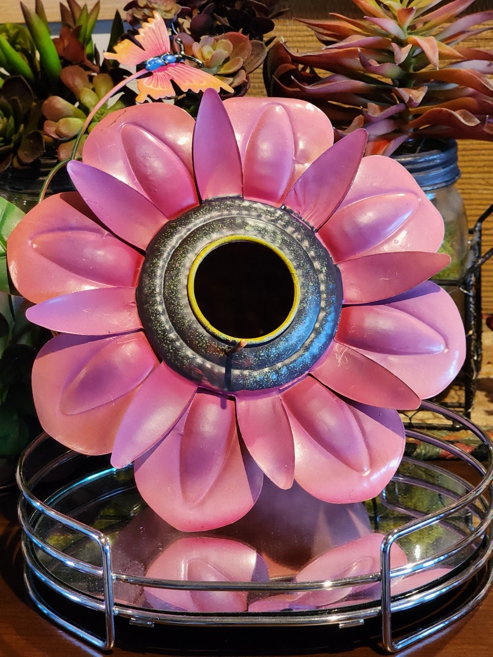 Pink Metal Flower Bird House - Decorative Floral Accent